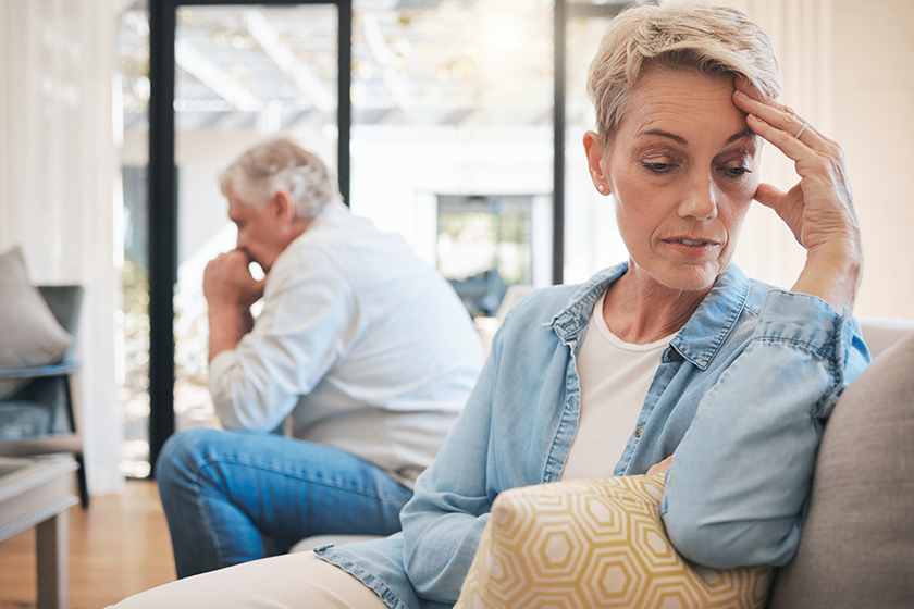 Mature couple, stress or divorce fight in house living room